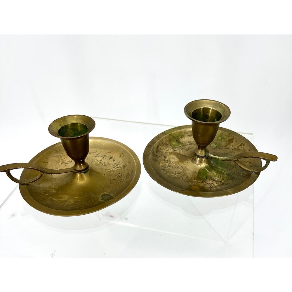 Vintage Pair of Brass Chamberstick Taper Candle Holders India